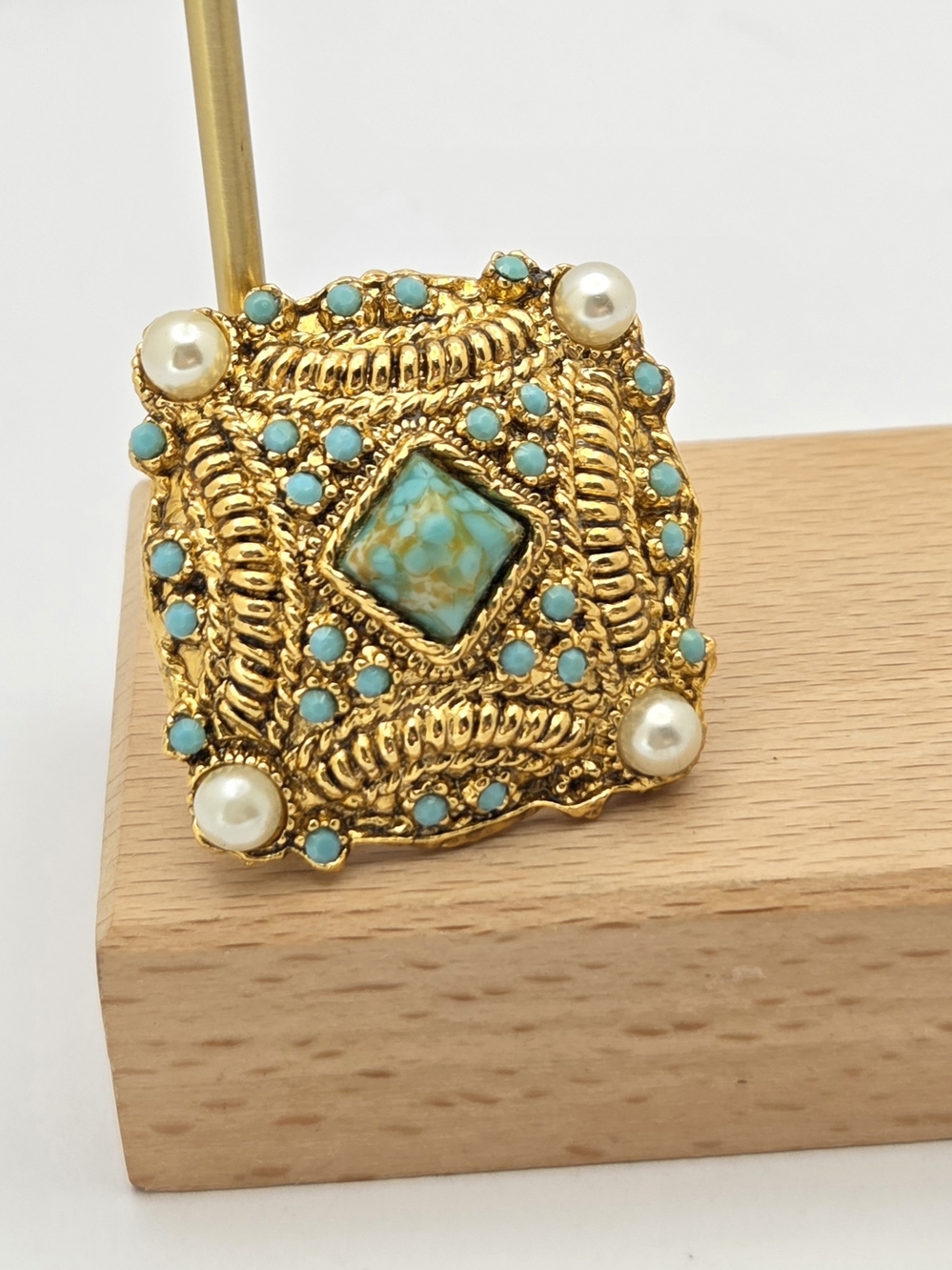 Vintage Ornate Gold Tone Square Brooch Natural Stone Center Faux Pearl Accents